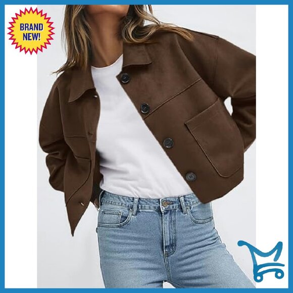 Faux Suede Cropped Jacket Women's Lightweight Casual Fall Outerwear - Picture 5 of 8